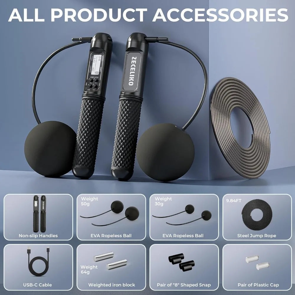 smart jump rope with led display and jump counter, weighted cordless design for home gym & hiit, adjustable steel wire for fitne