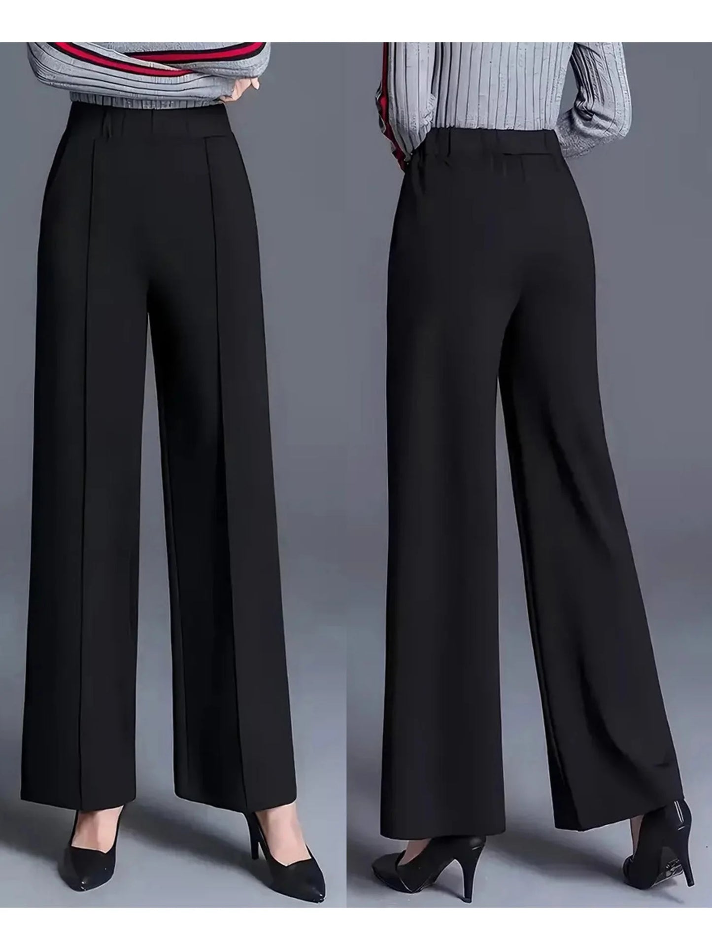 Women s High Waist Straight Leg Pants with Pockets for Business Casual Office Wear - Elastic Waist Dress Trousers