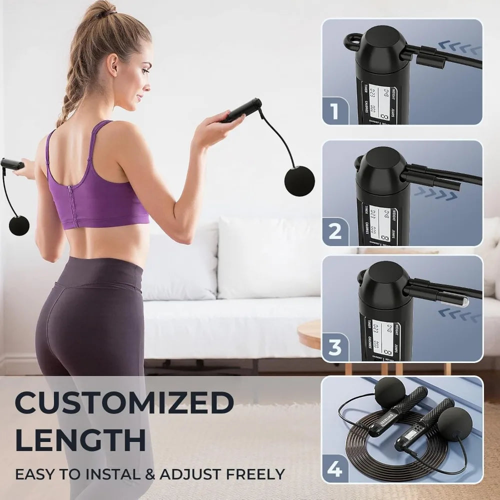 smart jump rope with led display and jump counter, weighted cordless design for home gym & hiit, adjustable steel wire for fitne