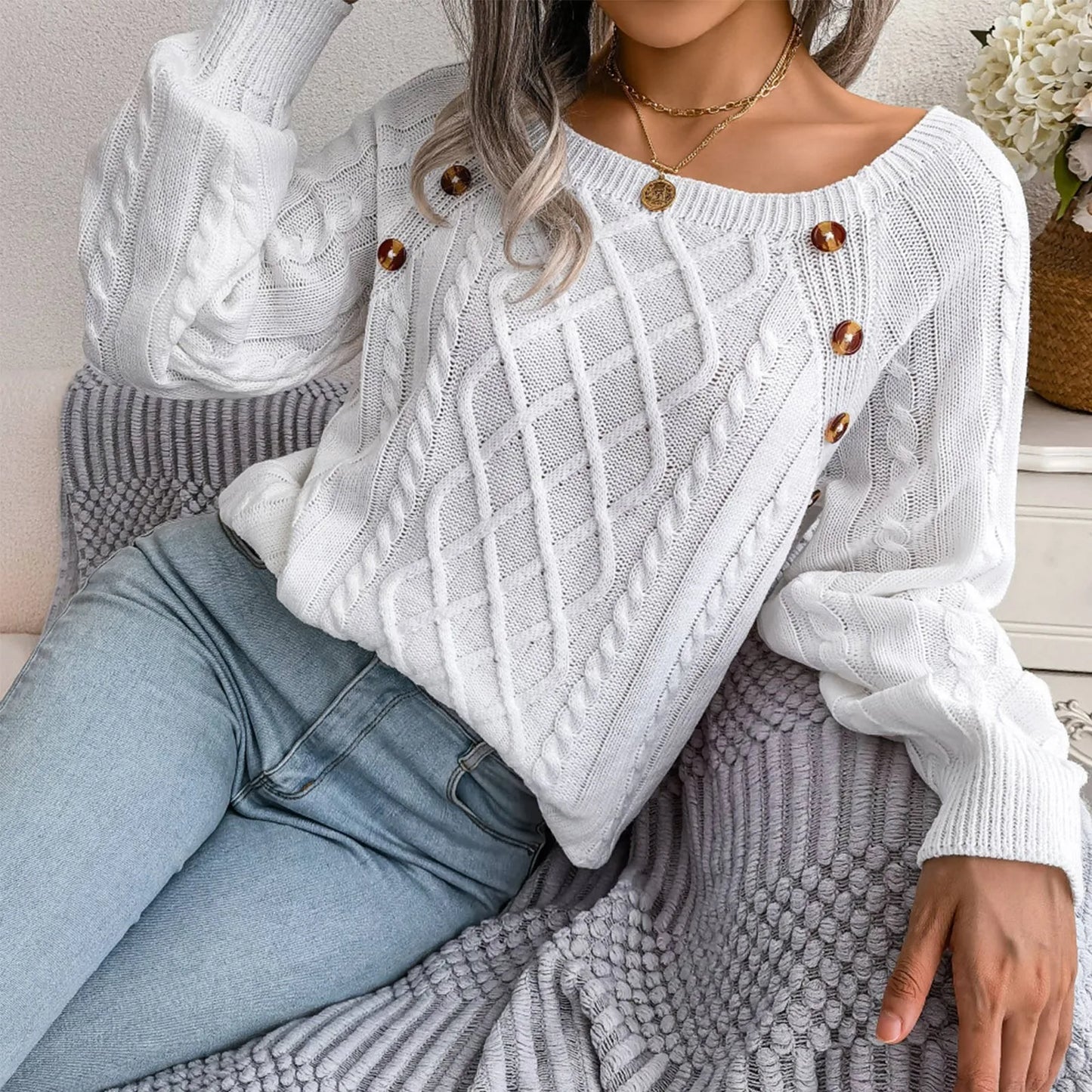Women'S Fashion Casual Solid Color Square Neck Button Cable Knit Pullover Sweater Ropa De Mujer Winter Clothes Woman 2025 New