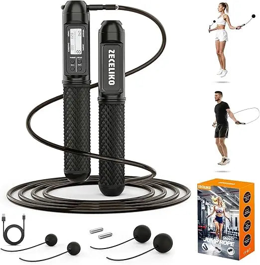 smart jump rope with led display and jump counter, weighted cordless design for home gym & hiit, adjustable steel wire for fitne
