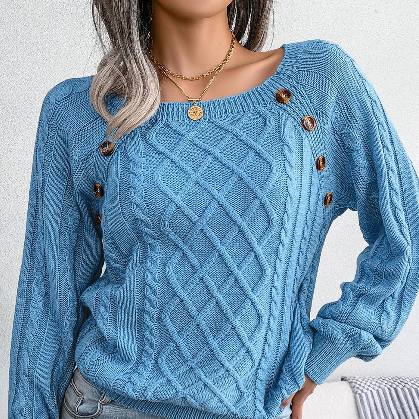 Women'S Fashion Casual Solid Color Square Neck Button Cable Knit Pullover Sweater Ropa De Mujer Winter Clothes Woman 2025 New