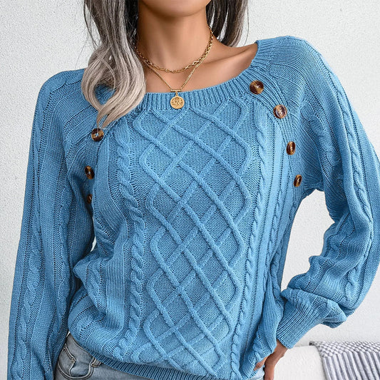 Women'S Fashion Casual Solid Color Square Neck Button Cable Knit Pullover Sweater Ropa De Mujer Winter Clothes Woman 2025 New