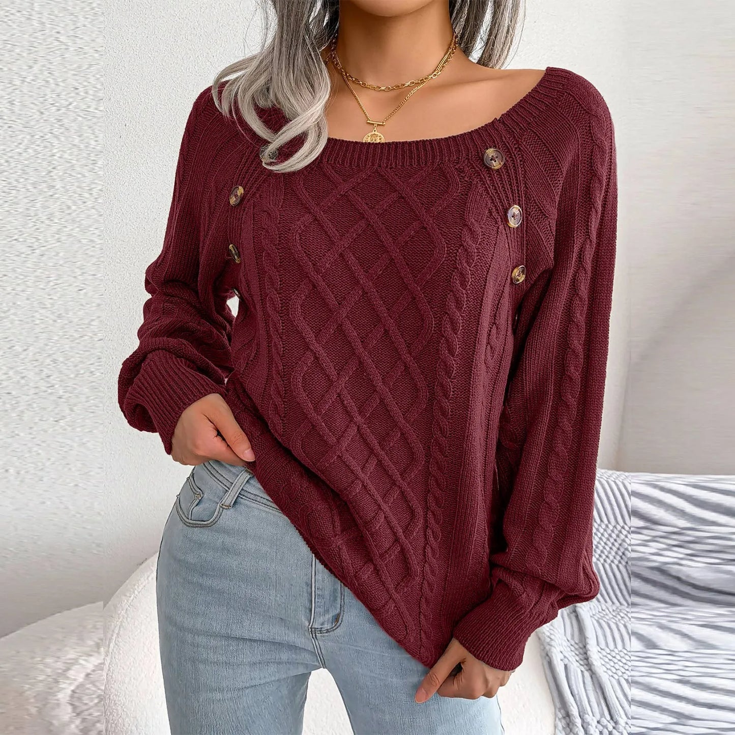 Women'S Fashion Casual Solid Color Square Neck Button Cable Knit Pullover Sweater Ropa De Mujer Winter Clothes Woman 2025 New