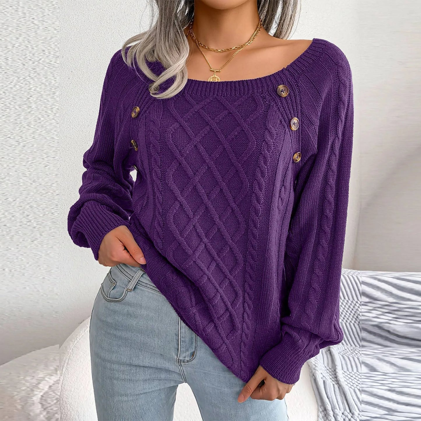 Women'S Fashion Casual Solid Color Square Neck Button Cable Knit Pullover Sweater Ropa De Mujer Winter Clothes Woman 2025 New