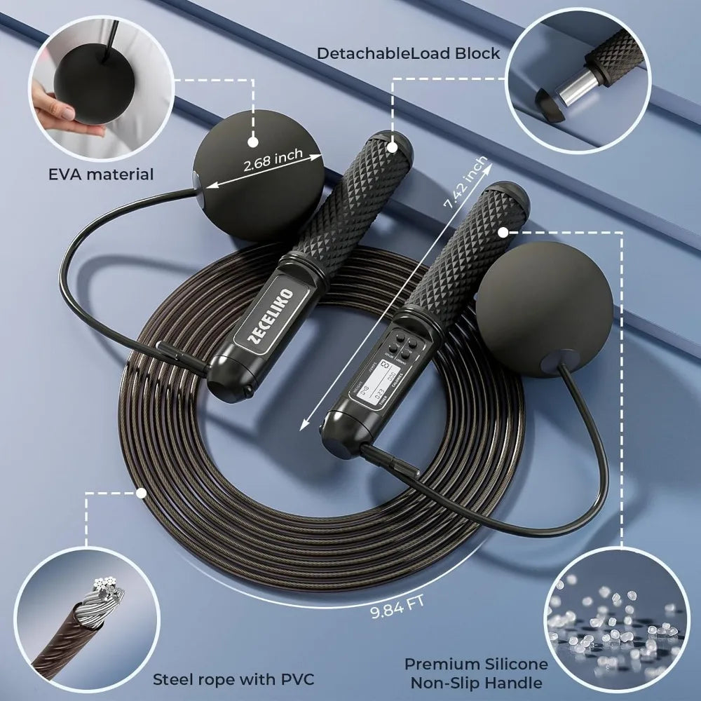 smart jump rope with led display and jump counter, weighted cordless design for home gym & hiit, adjustable steel wire for fitne