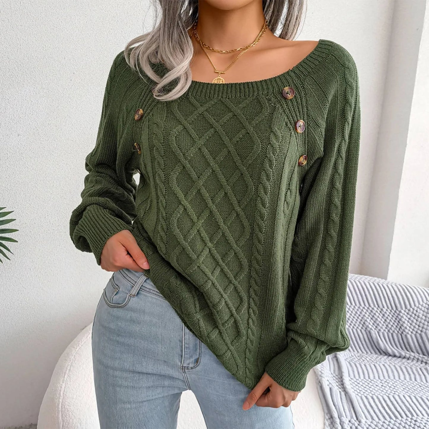 Women'S Fashion Casual Solid Color Square Neck Button Cable Knit Pullover Sweater Ropa De Mujer Winter Clothes Woman 2025 New