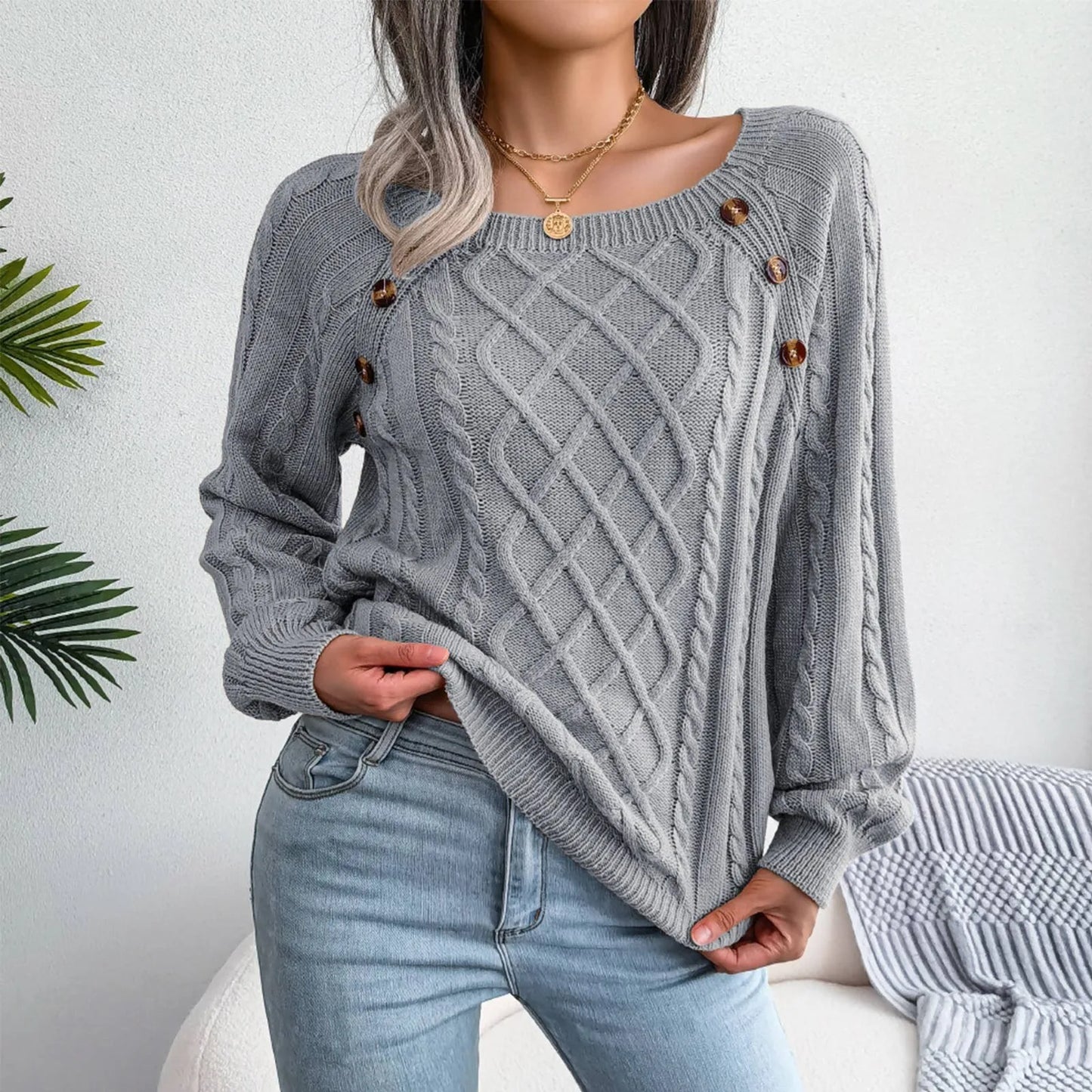 Women'S Fashion Casual Solid Color Square Neck Button Cable Knit Pullover Sweater Ropa De Mujer Winter Clothes Woman 2025 New