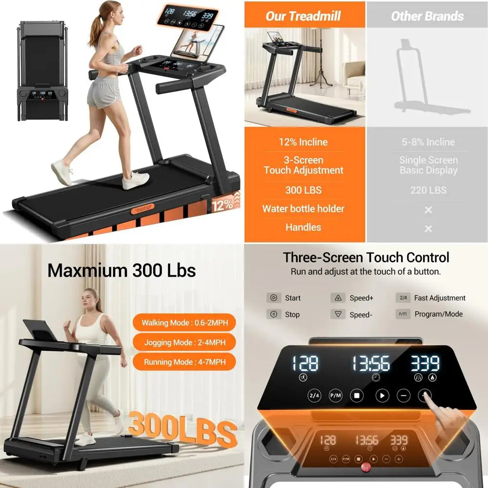 Portable 3-in-1 Folding Treadmill with 12% Incline, Suitable for Home and Office, Supports Up to 300 Lbs