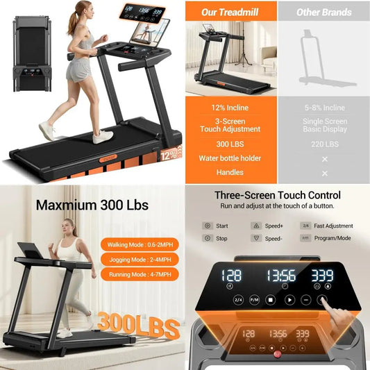 Portable 3-in-1 Folding Treadmill with 12% Incline, Suitable for Home and Office, Supports Up to 300 Lbs