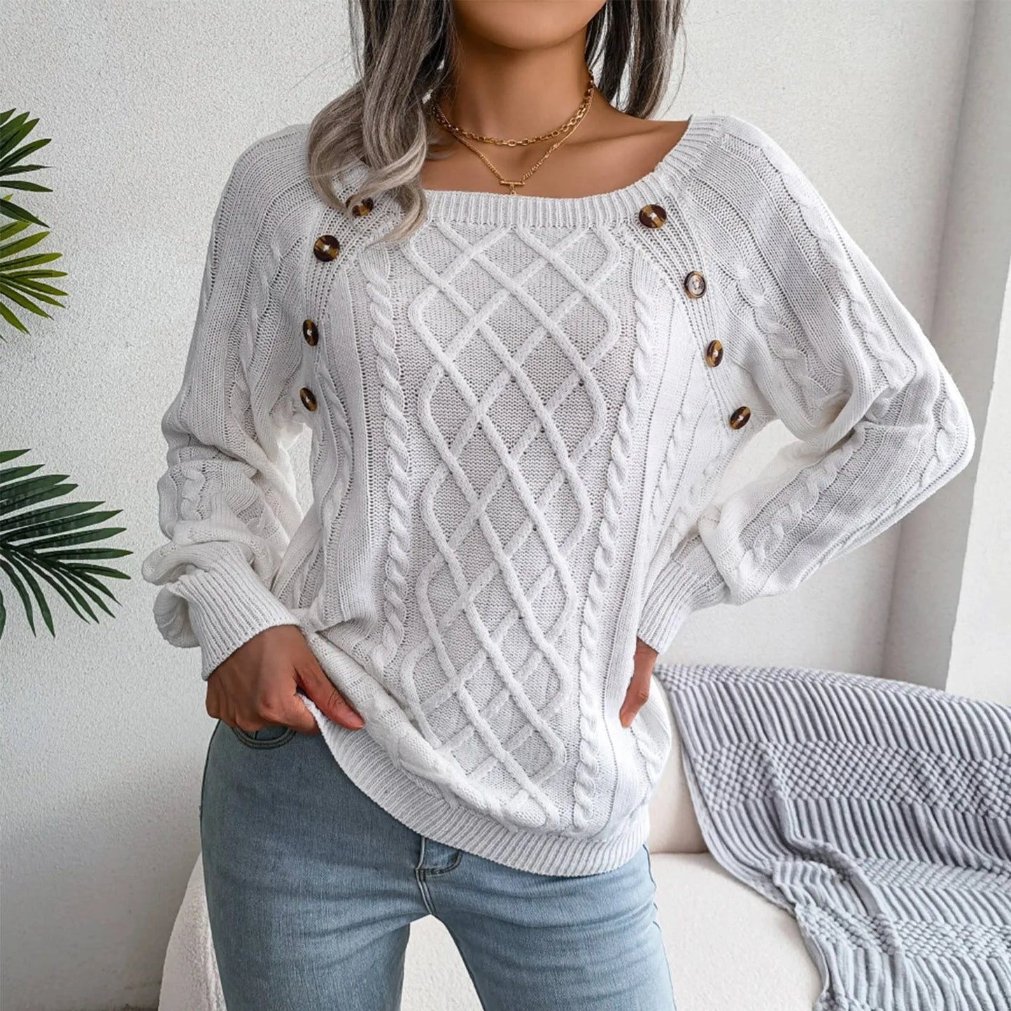Women'S Fashion Casual Solid Color Square Neck Button Cable Knit Pullover Sweater Ropa De Mujer Winter Clothes Woman 2025 New