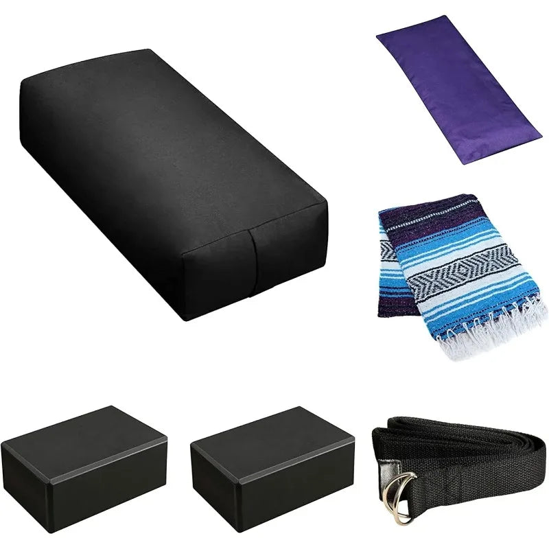 Sunshine Yoga 6-Pack Restorative Kit, 1 Bolster (24"  12"  6"), 2 Blocks (4"  6" 9"),1 6ft D-Ring Strap