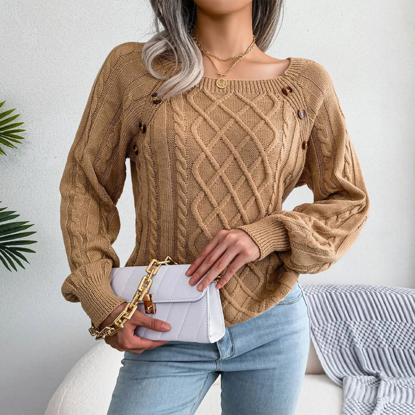 Women'S Fashion Casual Solid Color Square Neck Button Cable Knit Pullover Sweater Ropa De Mujer Winter Clothes Woman 2025 New