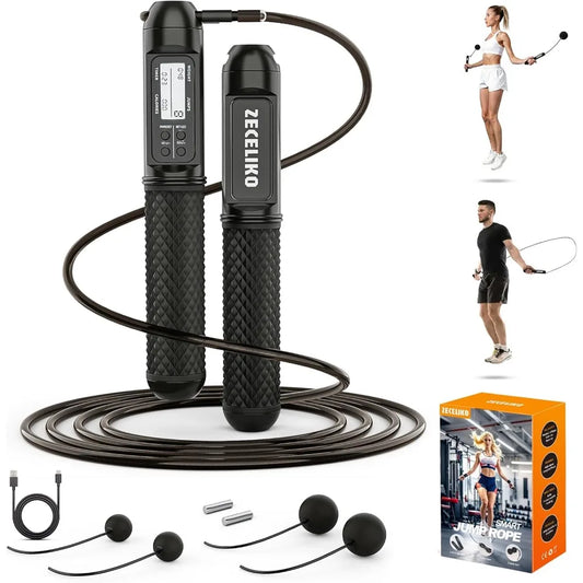 smart jump rope with led display and jump counter, weighted cordless design for home gym & hiit, adjustable steel wire for fitne